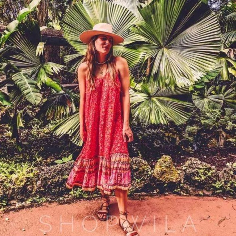 Bohemian Gypsy Vintage Floral Print Midi Dress red - Picture 3 of 5
